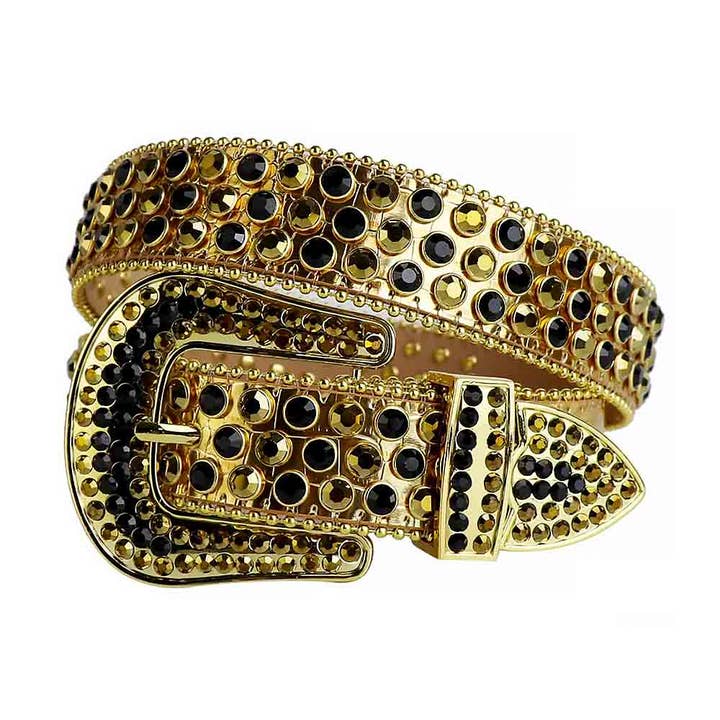 Bracelete em ouro com cinto de strass cravejado preto e dourado por atacado de Rhinestone Belt Store