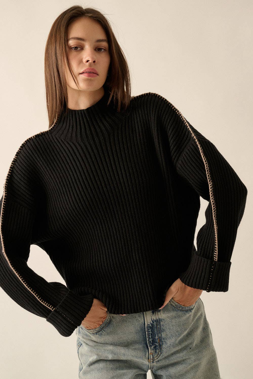 Promesa USA - Wholesale Knit Sweater - Women's - Solid High Neck Rib Knit Expose Seam Sweater16