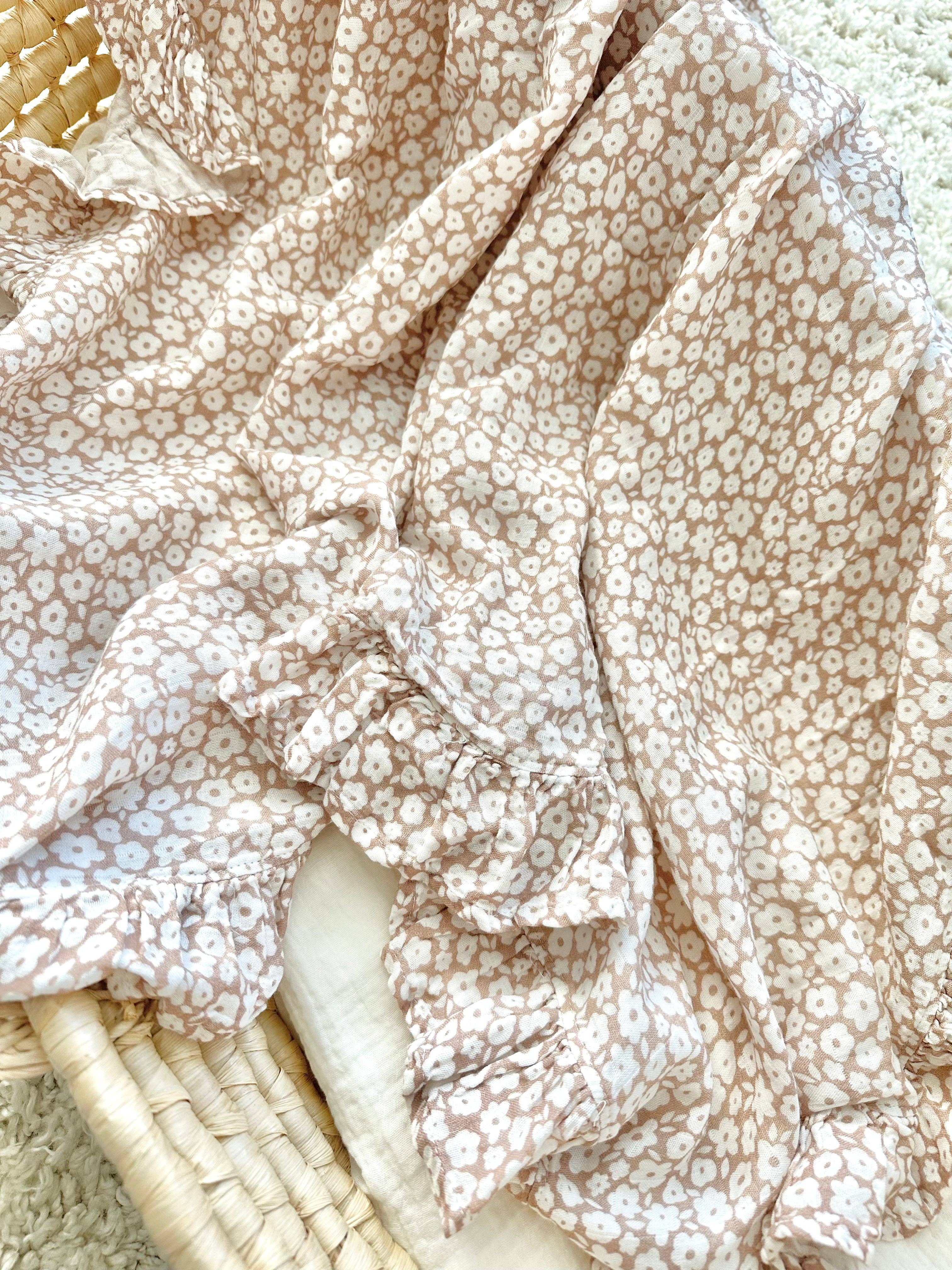 Harp Angel Boutique - Wholesale Swaddle - Baby - Muslin Swaddle Blanket - Mocha Ditsy Floral Ruffle2