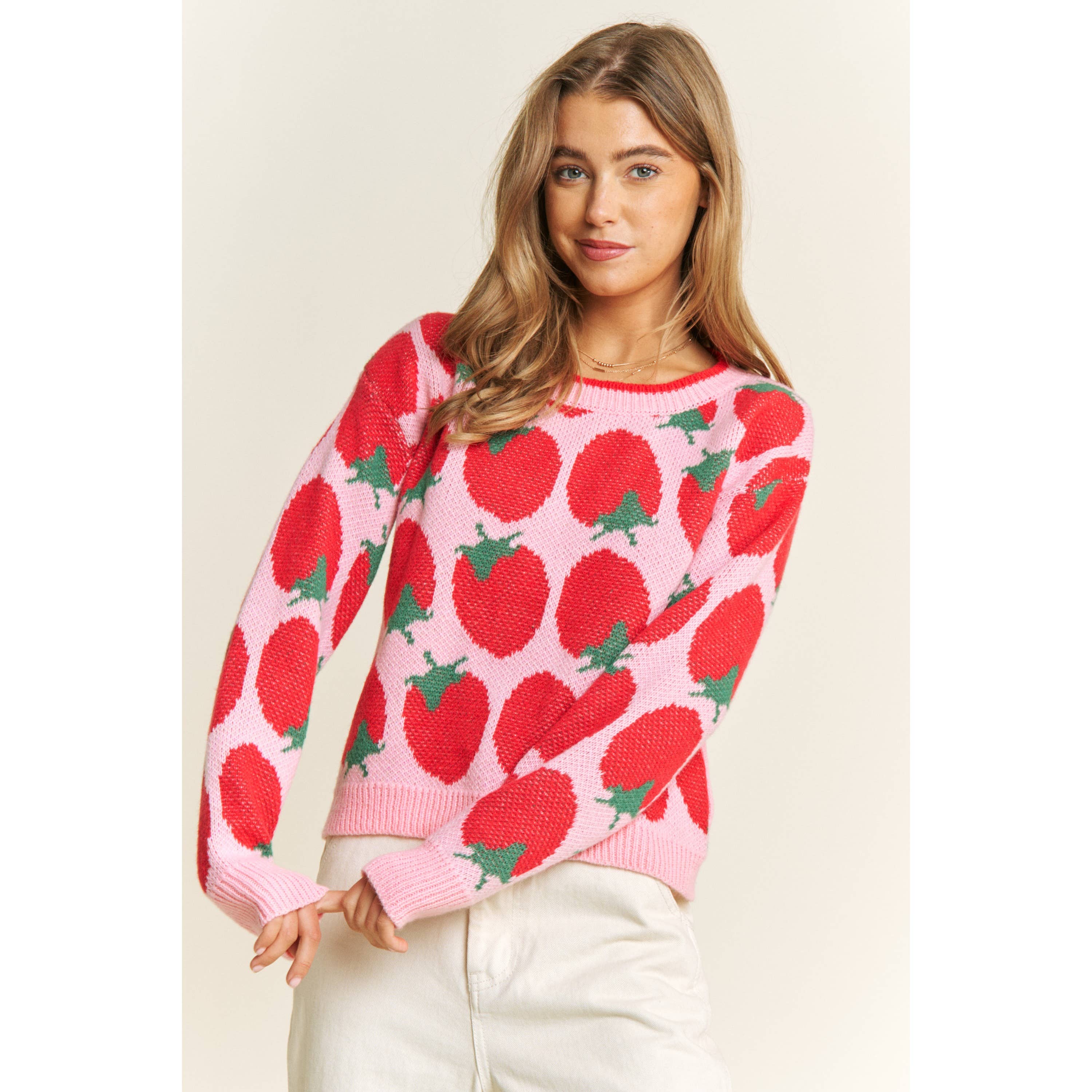 Pink Multi CUTE STRAWBERRY JACQUARD CASUAL PULLOVER SWEATER for wholesale on Faire3