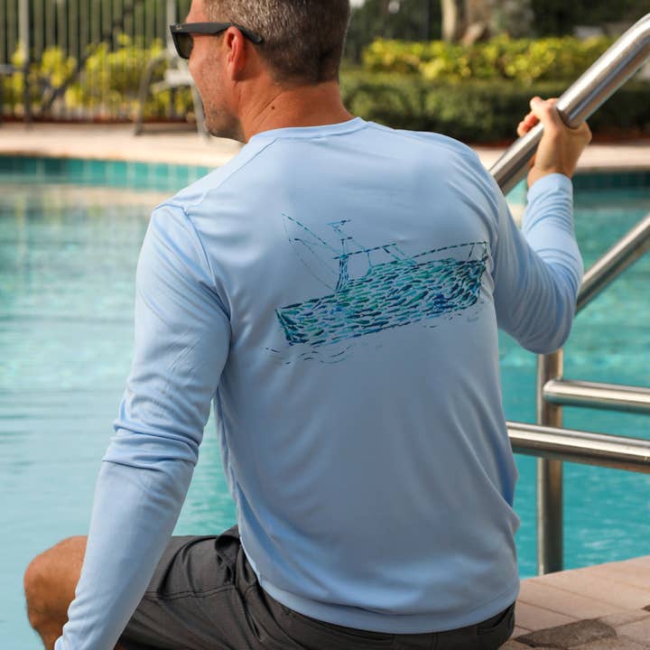 Light Blue "Fishboat" UPF 50 Performance Ultra Comfort Shirt for wholesale on Faire