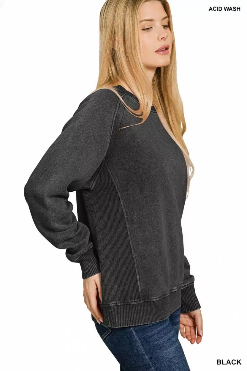 BLACK Zenana Acid Washed Fleece Sweatshirt with Side Rib for wholesale on Faire1