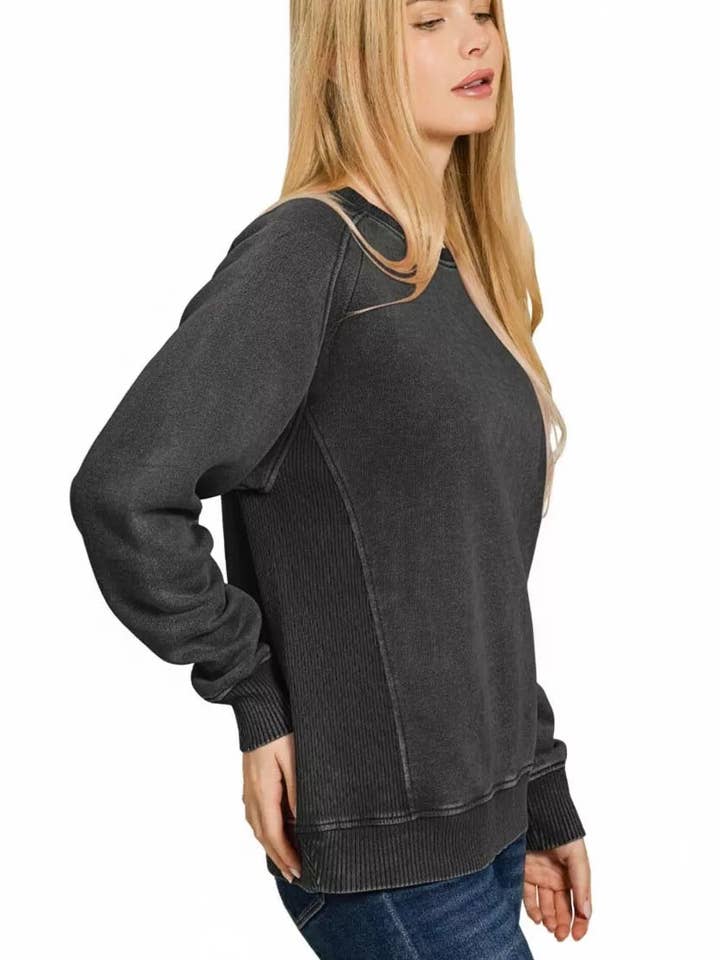 BLACK Zenana Acid Washed Fleece Sweatshirt with Side Rib for wholesale on Faire1
