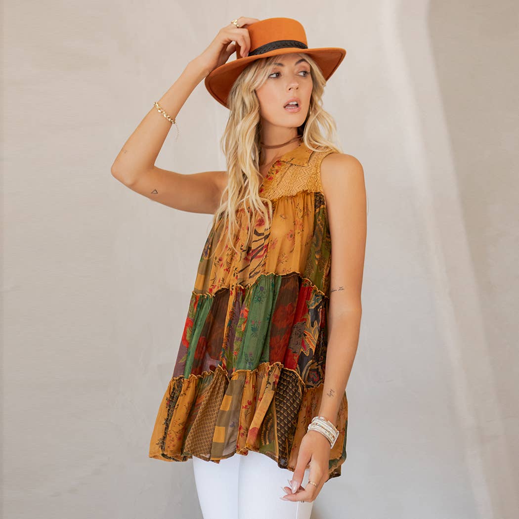 Young Threads - Wholesale Button Down Shirt - Women's - Boho Chic Nomad Patchwork Buttondown Top Sleevel (New Color)8