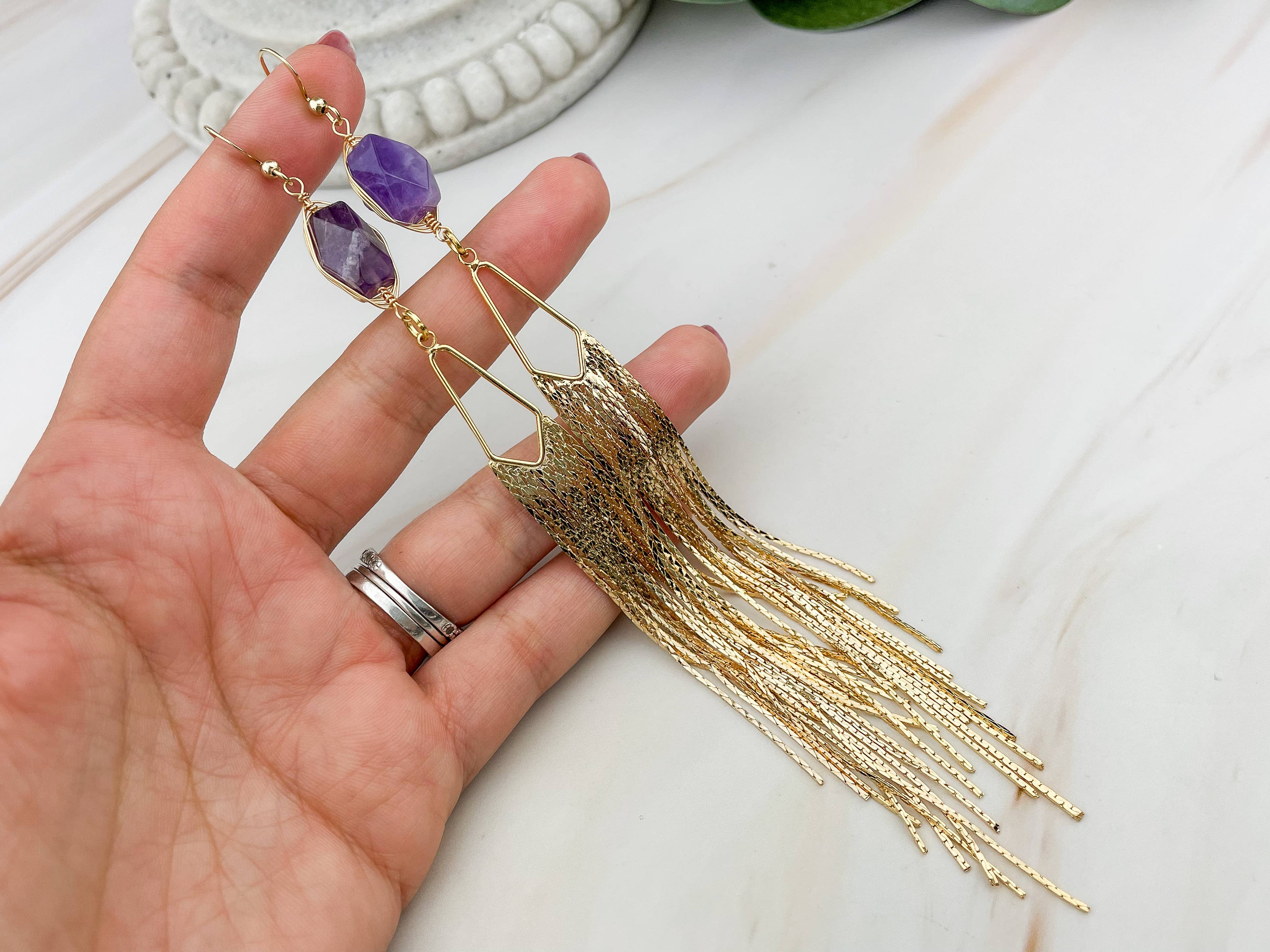 WonderLight Jewelry - Wholesale Tassel Earrings - Gemstone Fringe Earrings - Amethyst / Intuition6