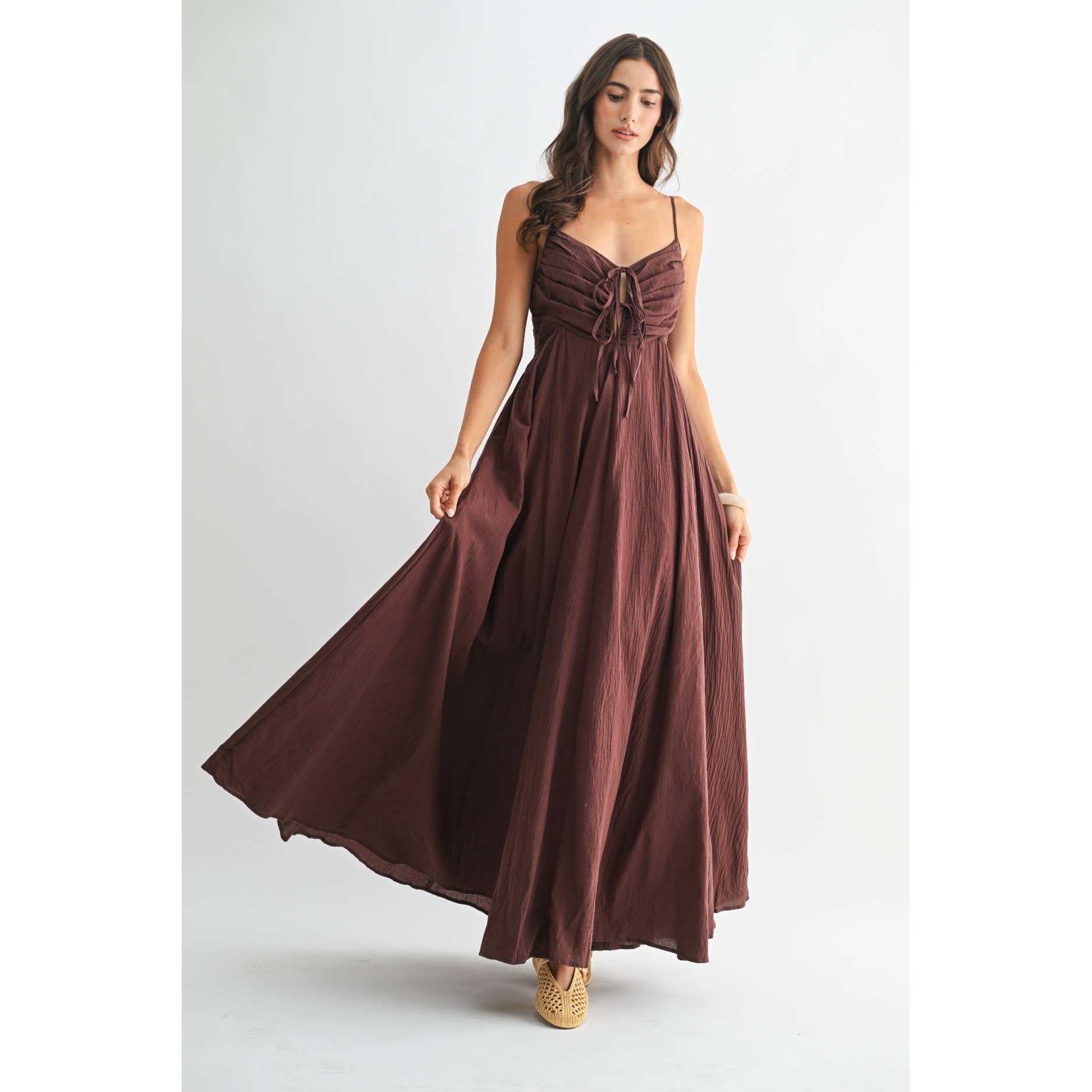 BROWN MAXI DRESS WITH RUCHED BODICE AND ADJUSTABLE STRAP for wholesale on Faire1