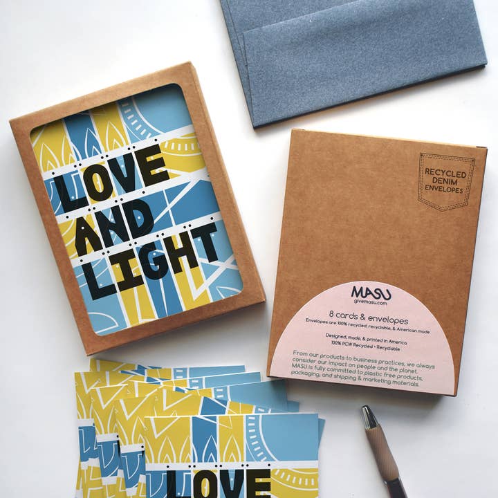 Love & Light Blue & Gold Hanukkah Greeting Card | Set of 8 for wholesale by MASU