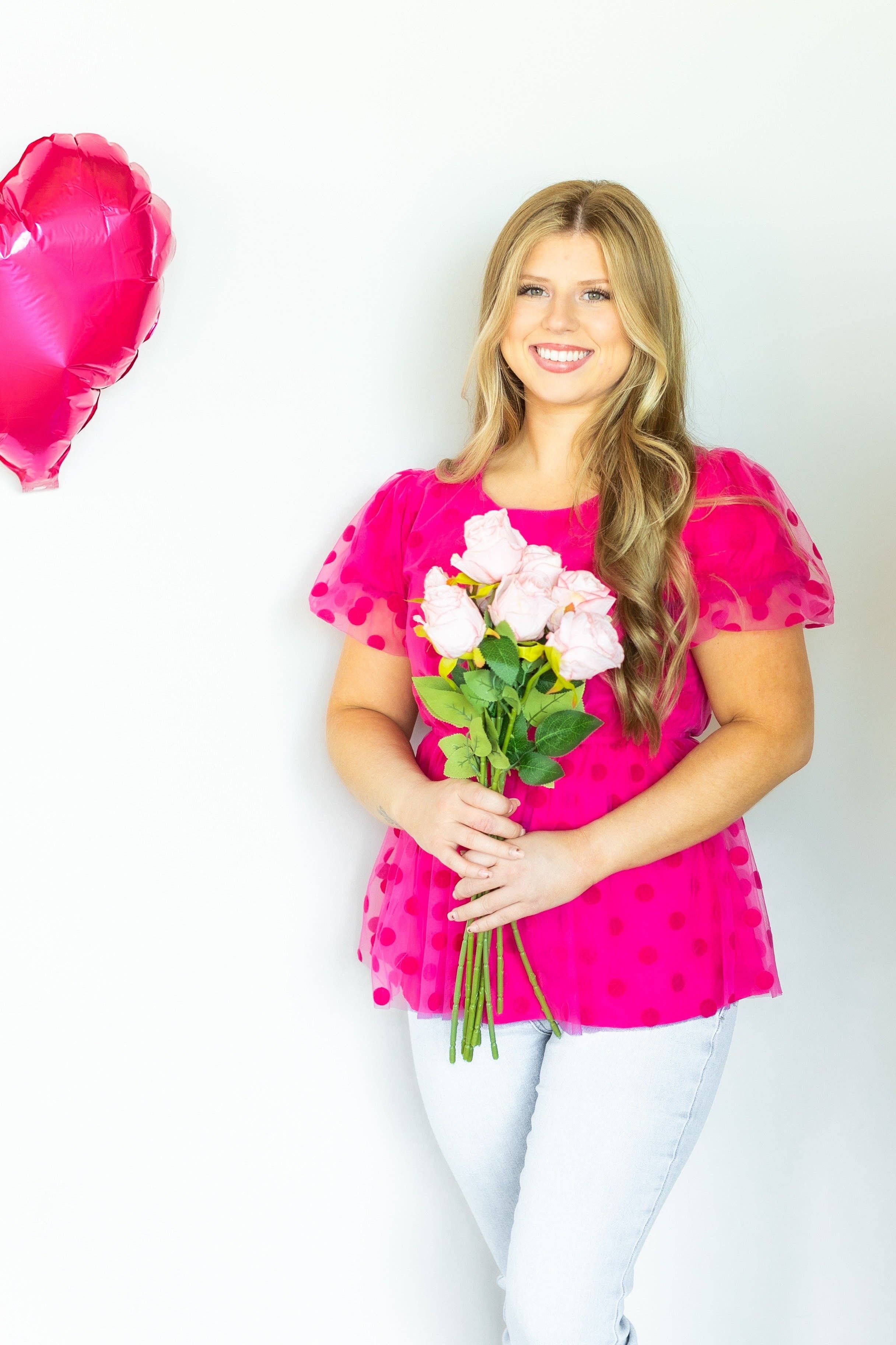 Pink Polka Dot Mesh Peplum Top for wholesale on Faire9