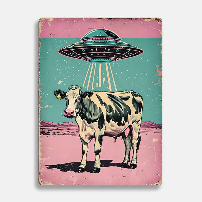 Vintage Black and White Cow with UFO Alien Metal Sign Plaque for wholesale by The British Metal Signs Company