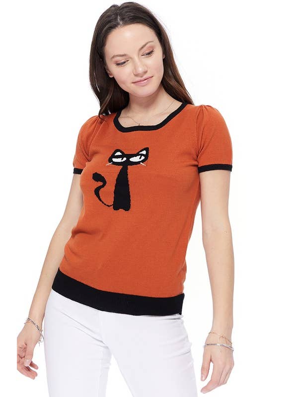 Mak - Wholesale Knit Sweater - Women's - Short Sleeve Crewneck Cat Print Casual T-Shirt Sweater