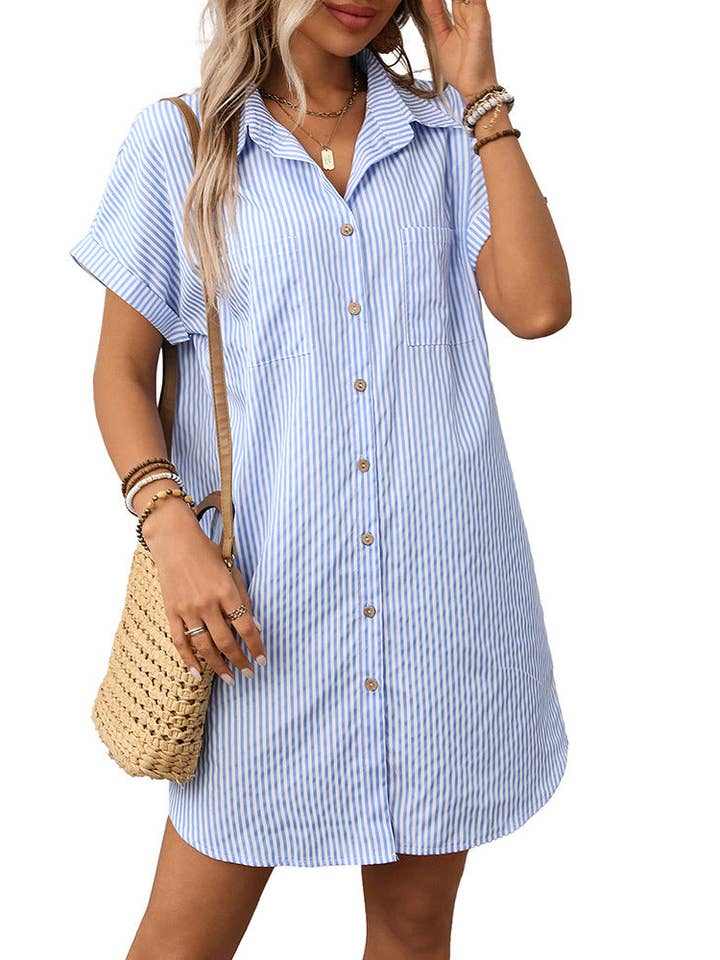 Suhkasana - Wholesale Dress - Women's - Striped Cotton Linen Shirt Dress