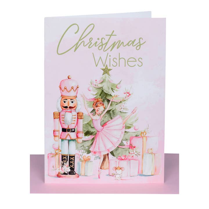 Nutcracker & Ballerina Christmas Wishes Card - Gold Glitter Star Embellishment for wholesale by Lil's Cards
