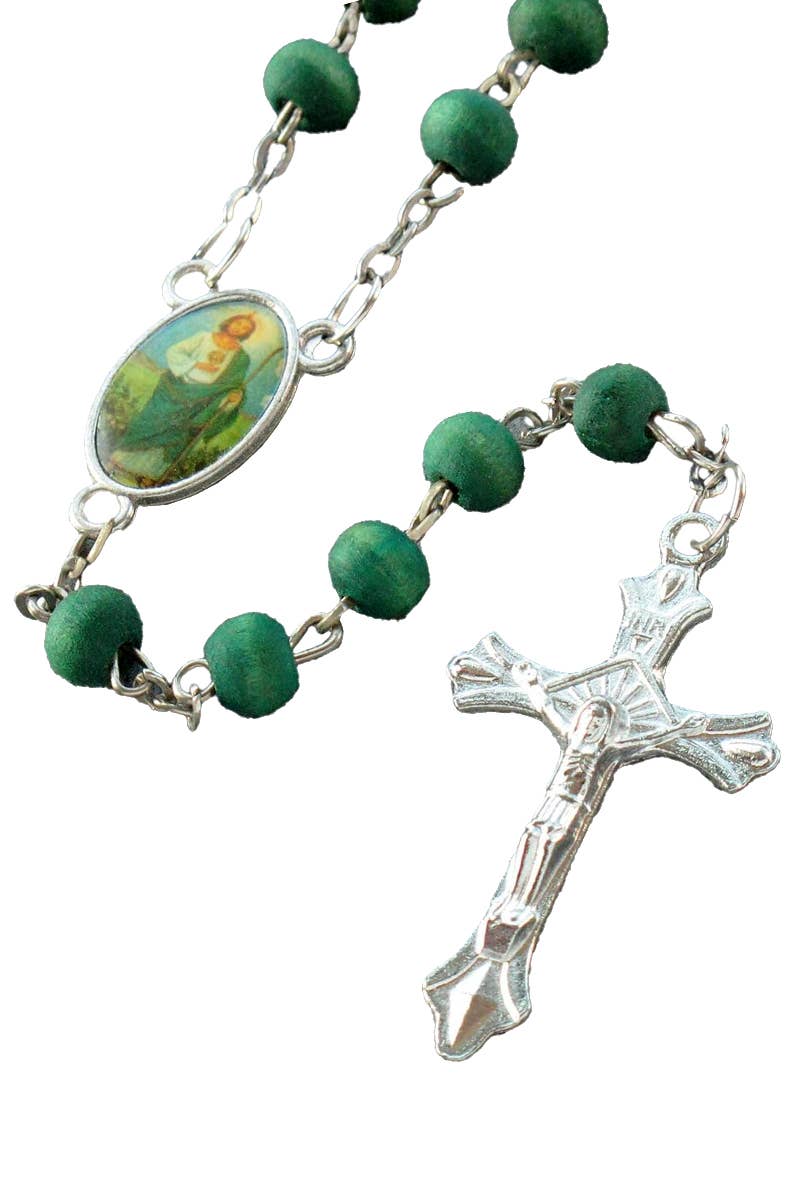 Catholic True Cross Matte Green Wood Rosary for wholesale on Faire2