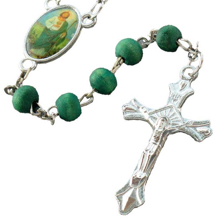 Catholic True Cross Matte Green Wood Rosary for wholesale on Faire2