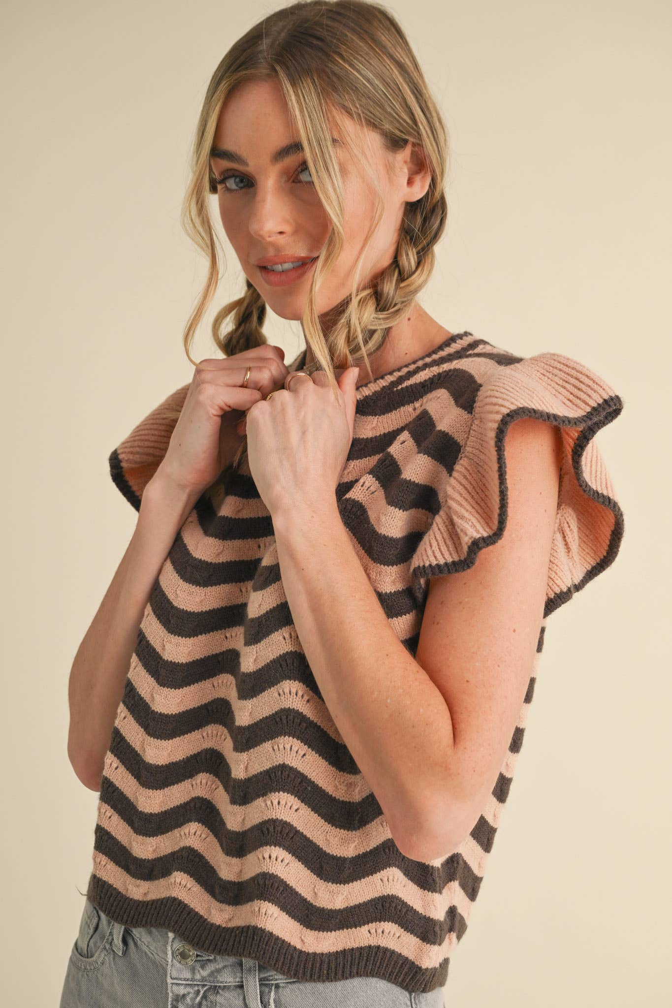 &MERCI - Wholesale Knit Sweater - Women's - WAVY STRIPES FLUTTER SLEEVE SWEATER TOP MSW1050945