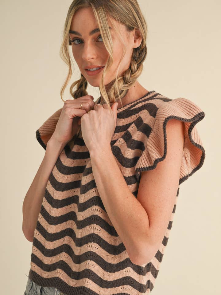 &MERCI - Wholesale Knit Sweater - Women's - WAVY STRIPES FLUTTER SLEEVE SWEATER TOP MSW1050945