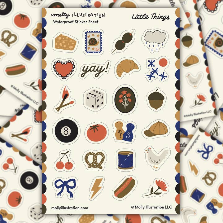 Little Things Illustrated Waterproof Vinyl Sticker Sheet for wholesale by Molly Illustration