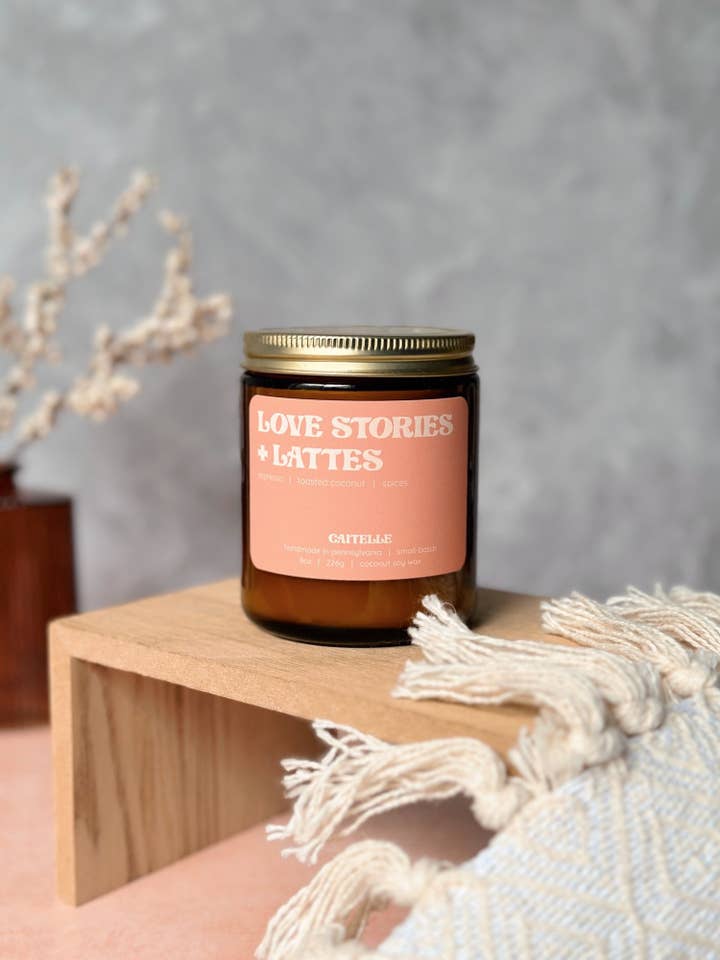 Love Stories + Lattes Bookish Coconut Soy Wax Candle for wholesale by Caitelle