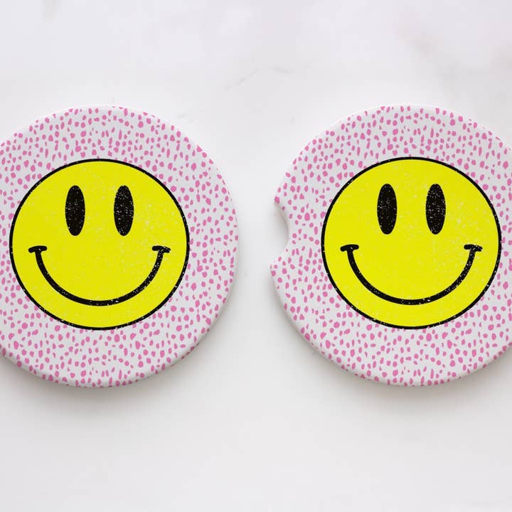 Pink Spots + Yellow Happy Face Car Coasters for wholesale by XO Wholesale