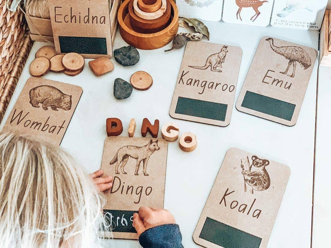 Timber Tots – Cartões de aprendizagem - Crianças e bebés por atacado – Cartões flash de animais nativos australianos0