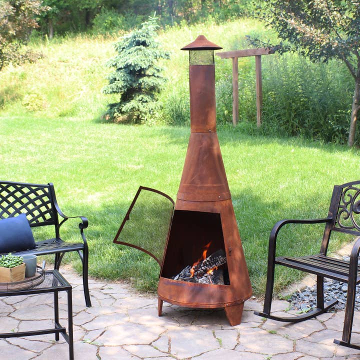 70 in Steel Chiminea Fire Pit with Rain Cap - Rustic for wholesale by Sunnydaze Decor