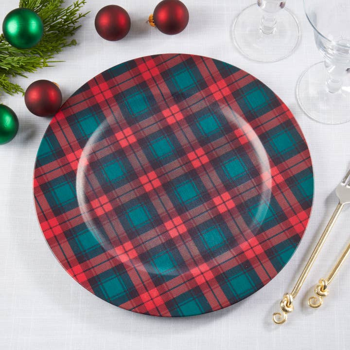 Red Green Tartan Style Charger Plate for wholesale on Faire