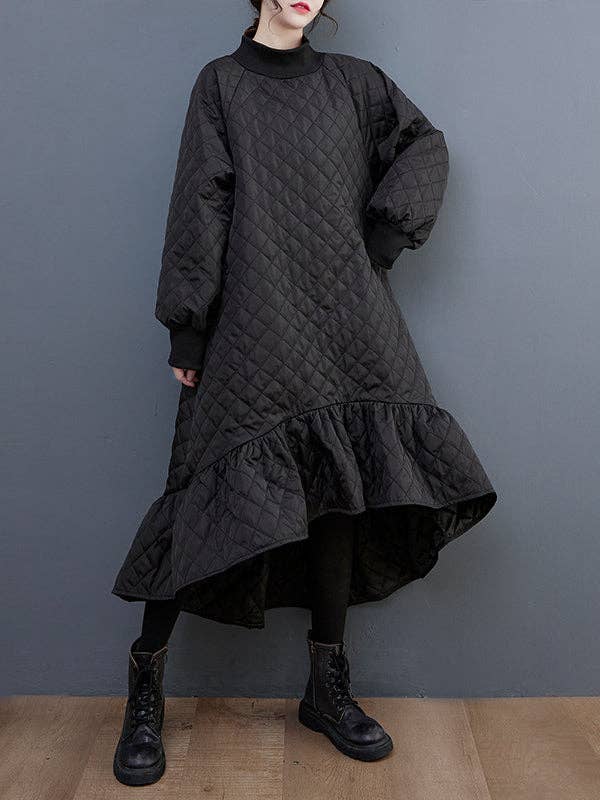 BLACK Casual Long Sleeves A-Line Rhombic Falbala High-Neck Midi Dresses for wholesale on Faire1