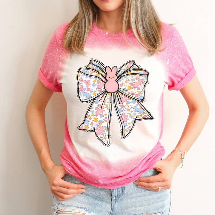 Floral Easter Bunny Coquette Bow Bleached Easter Tee for wholesale by Hello Gorgeous Apparel