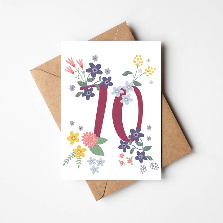 Biglietto pieghevole "70° compleanno fiori" per la vendita all'ingrosso da parte di mimie & joe