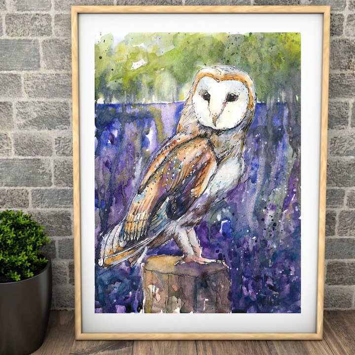 "Barn Owl and Bluebells" Fine Art Print for wholesale by Naomi Neale Art