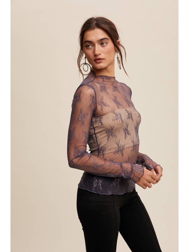 Listicle - Wholesale Blouse - Women's - Sheer Lace Long-Sleeve Top75
