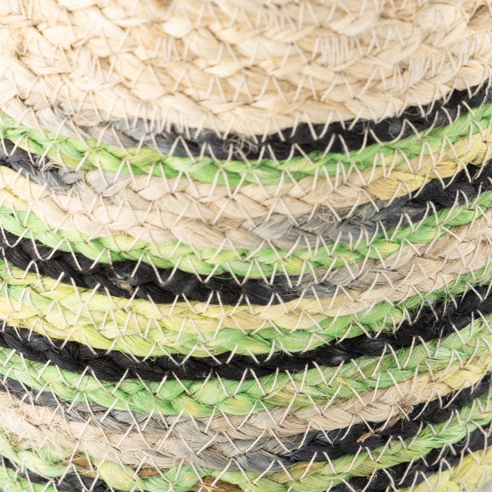 Veraluna Sustainable Clothing - Vente Paniers - Panier cylindrique artisanal en jute avec rayures noires et vertes - Commerce équitable1