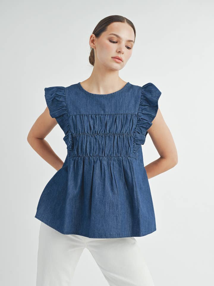 Ruffled Denim Smocked Flutter Sleeve Top for wholesale on Faire1