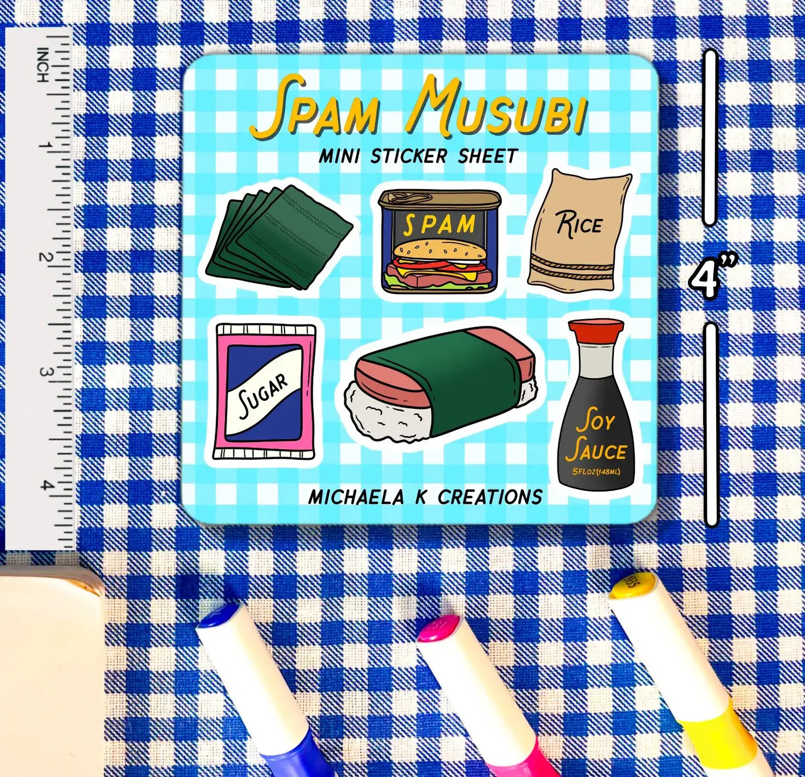 Michaela K Creations - Wholesale Sticker - Spam Musubi Sticker sheet 4x4 1