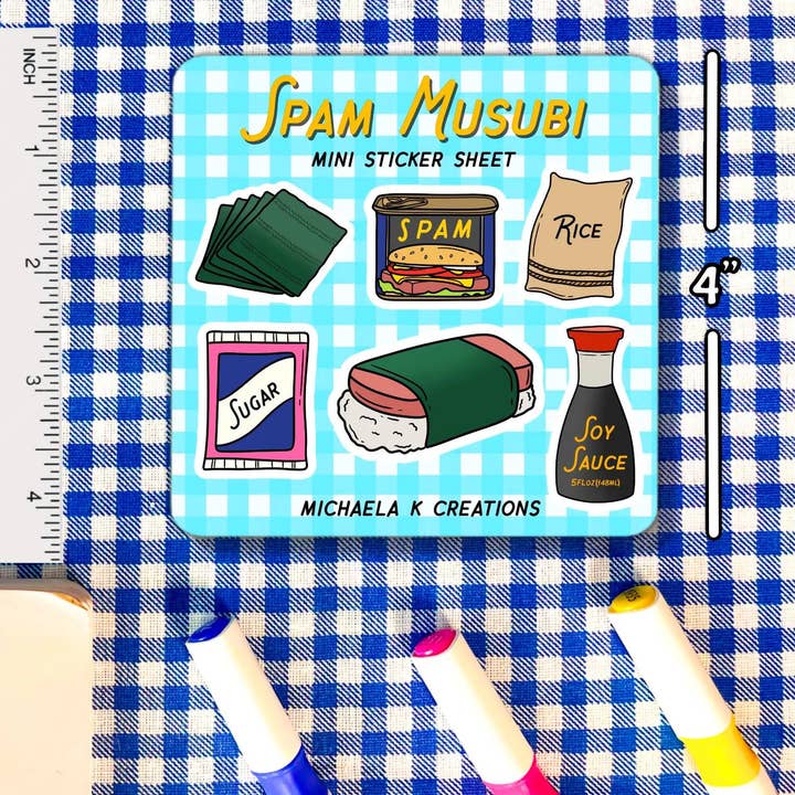 Michaela K Creations - Wholesale Sticker - Spam Musubi Sticker sheet 4x4 1