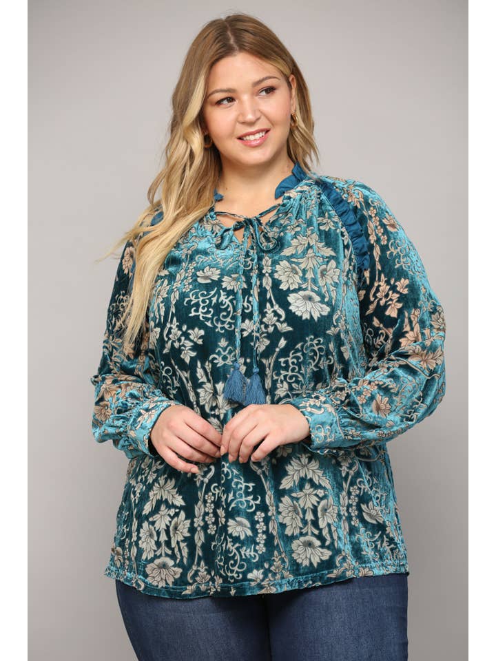 TEAL RUFFLE TRIMMED BURNOUT VELVET TASSEL TIE BLOUSE FT22044P for wholesale on Faire1