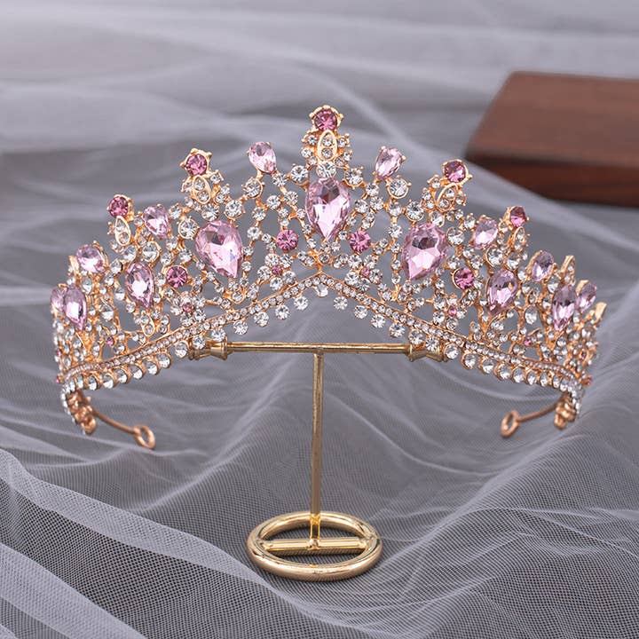 Happy Dream Gifts – Großhandel Tiara – Damen – Goldkronen-Kopfschmuck, rosafarbener Kristall-Strass-Haarschmuck2