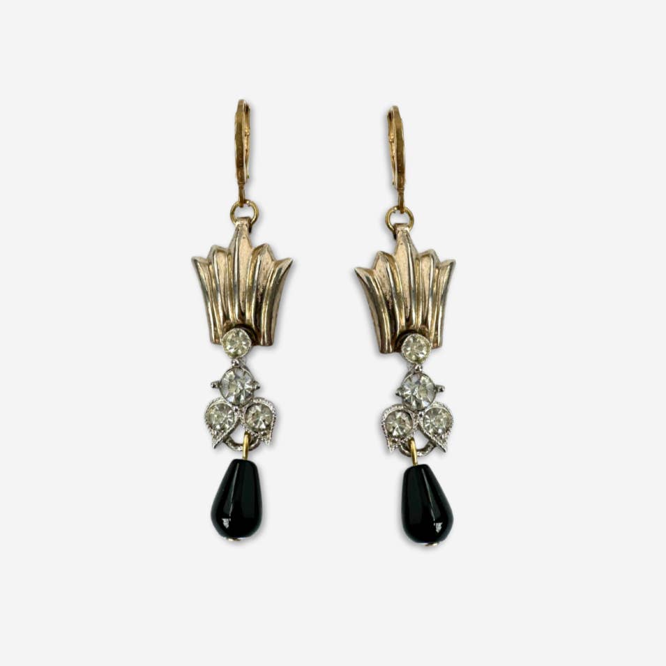 Lulu’s Petals - Wholesale Dangle Earrings - Refashioned vintage fan earrings with clear rhinestone link and black teardrop