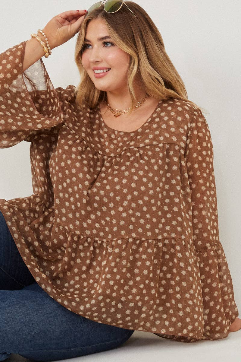 Brown Womens Daisy Print Tiered Chiffon Top for wholesale on Faire1