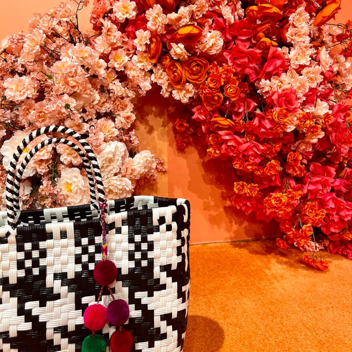 The Faria - Wholesale Beach Bag - Black/White Chanel Pattern handwoven recycle bag