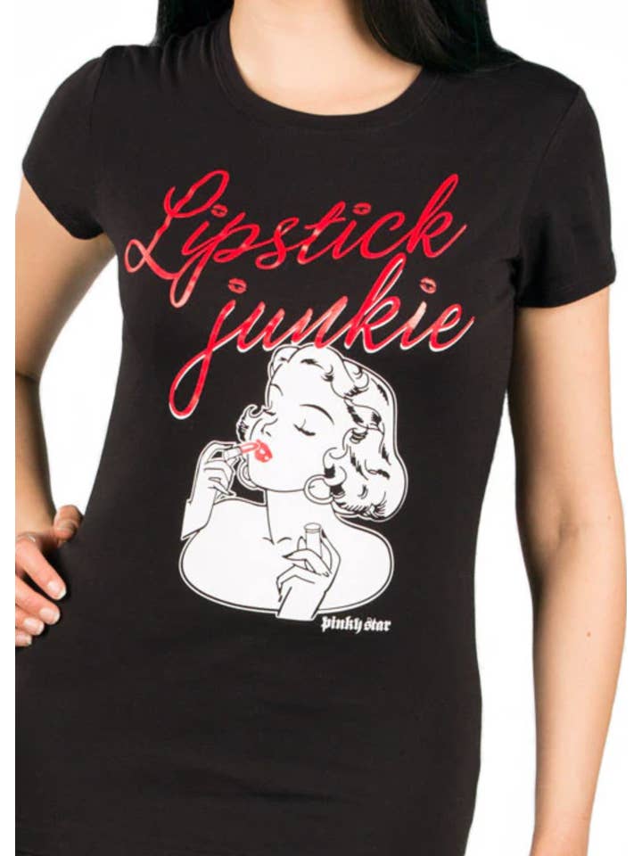 Svart Vit LIPSTICK JUNKIE - Vintage Pinup Graphic Tee för wholesale på Faire1