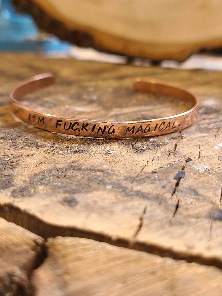 Assorted Cuss Cuffs, Swear Bracelet, Copper Or Brass Or Sterling Silver With Mantra, Sayings, Cuss Words, Fuck, Bangle. Almost 50 Sayings! for wholesale by Silver Lining Studio