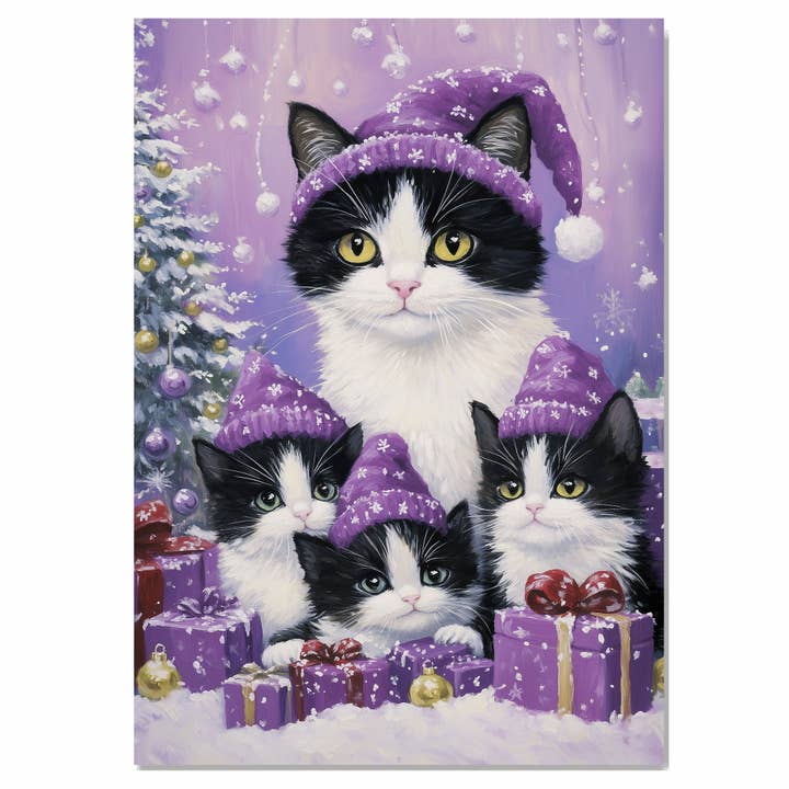 Tuxedo Cats in Purple Hats with Holiday Gifts Scene Canvas for wholesale by Art Paradise Studios