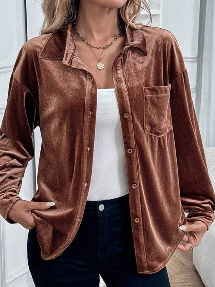 Brown Long Sleeved Velvet Cardigan Top for wholesale on Faire