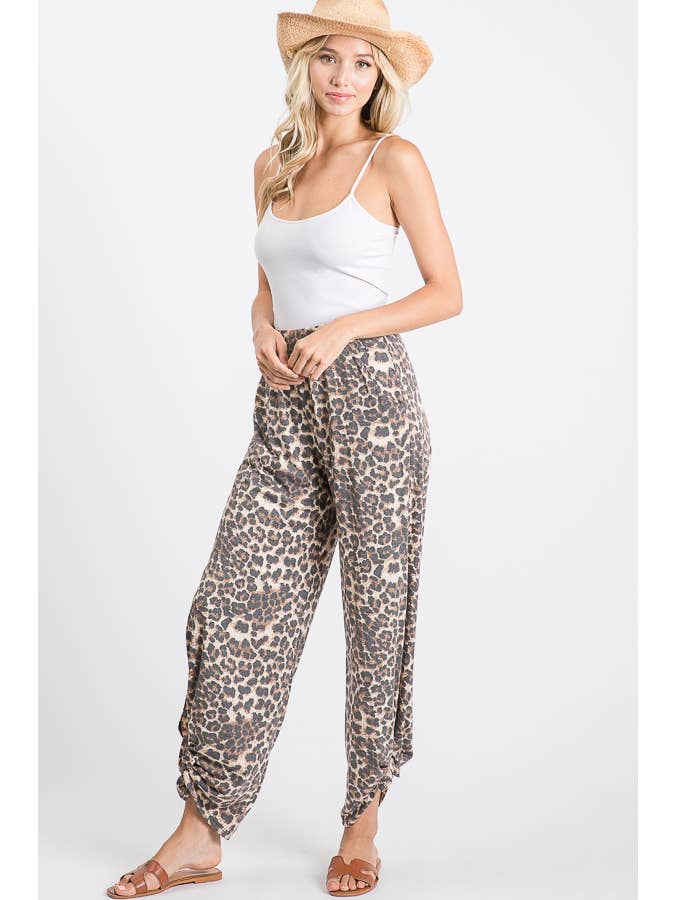 Mocha Leopard Print Lightweight Split Side Ankle Tie Pants P3377 for wholesale on Faire4