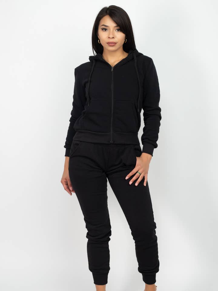 Black 2BFREE FLEECE ZIP UP FUR TRIM HOOD SWEATSUIT for wholesale on Faire0