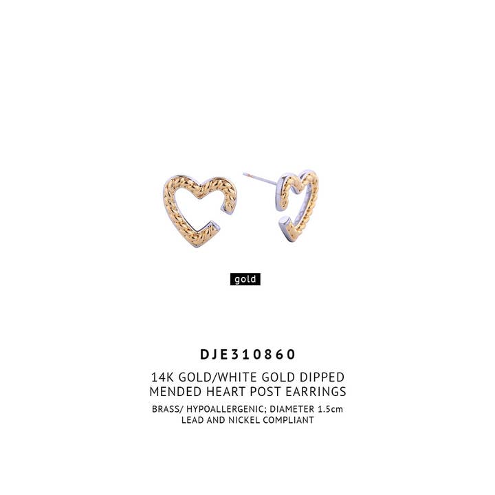Gold 14K Mended Heart Post Earrings for wholesale on Faire1