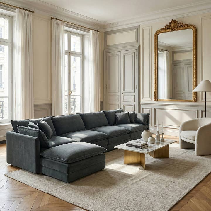 HOMYCASA DESIGN INC - Vente Canapés - Canapé d'angle modulaire en chenille rembourrée Fremont 147" en forme de L avec ottomane6