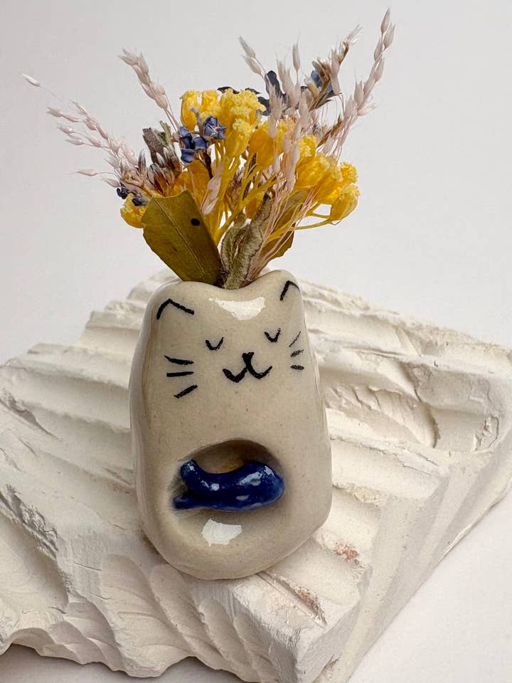 Mini Cat Bud Vase with Carved Heart, Bird, or Fish – Handmade Ceramic Miniature Vase for wholesale by Dariia Dziuba