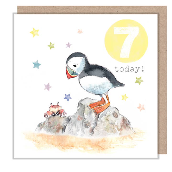 Paper Shed Design Ltd – wholesale Birthday card – Age 7 Birthday Card - Puffin design - Party Time - PTAGE07